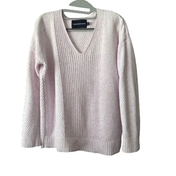 Calvin Klein Jeans Women M Pink Sleeved Pullover V neck Relaxed Fit Sweater Top - Picture 6 of 15